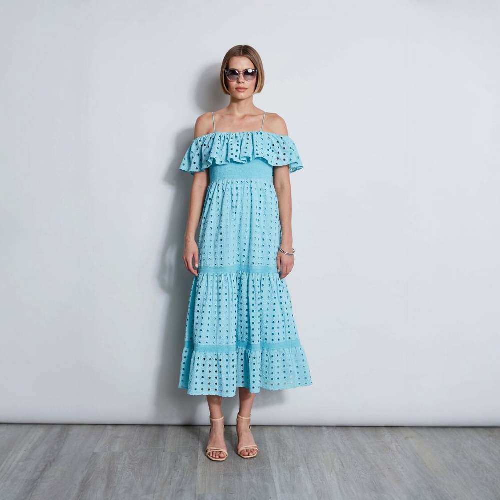 T Tahari Women's Eyelet Midi Dress – Blue Haze, Size M | Elegant Cotton Summer - Picture 5 of 7